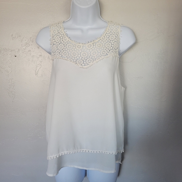 Monteau Medium White Chiffon Tank Top Racerback Lace Neck Back Pom Pom Trim - Picture 1 of 7